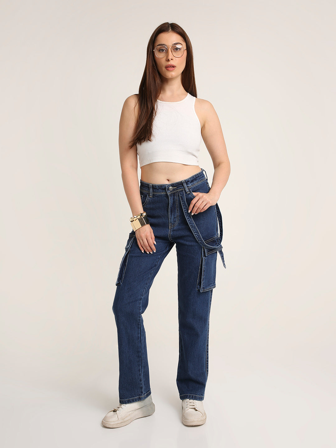 Dark Blue Straight Fit Cargo Denim