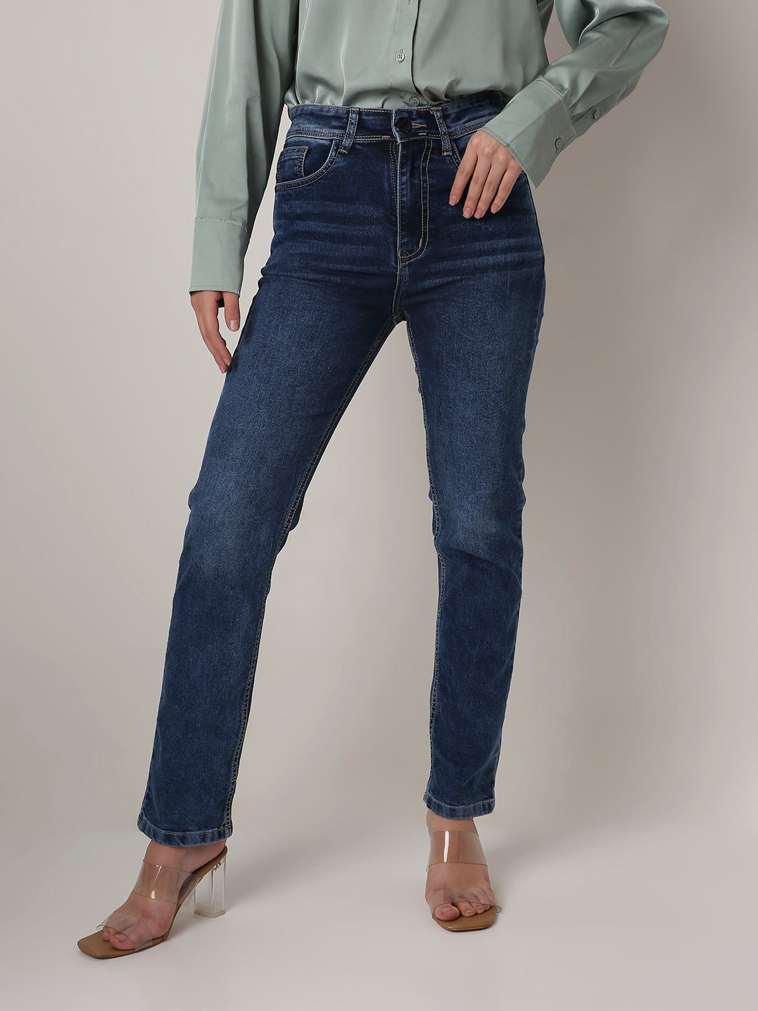 Mid Blue High-Waist Straight Slim Jeans