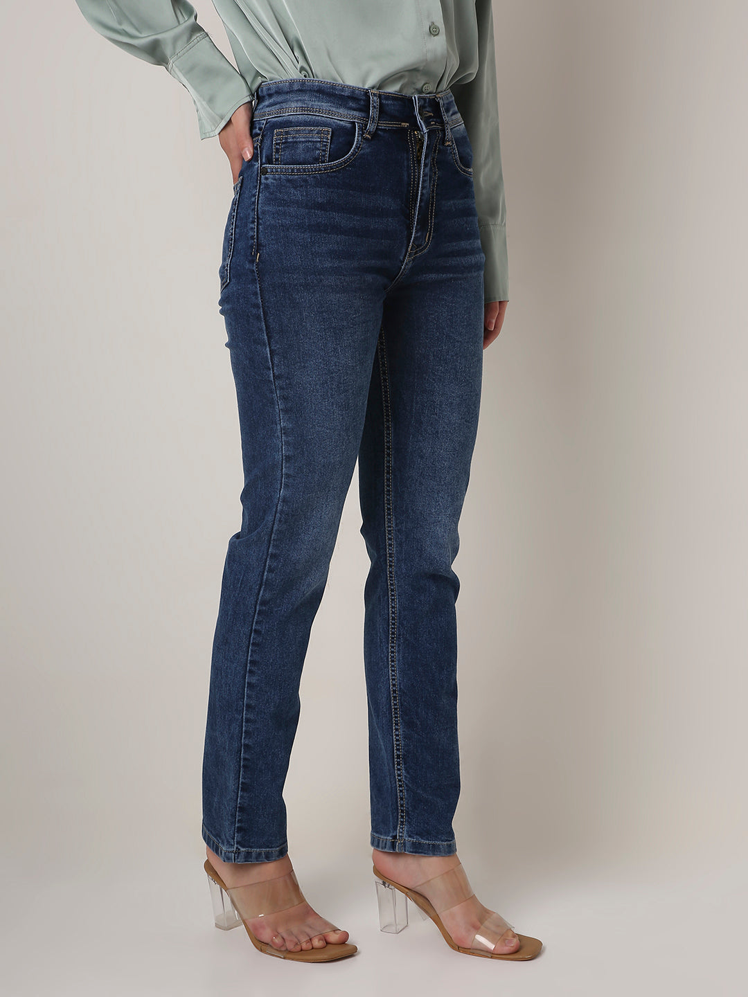 Mid Blue High-Waist Straight Slim Jeans