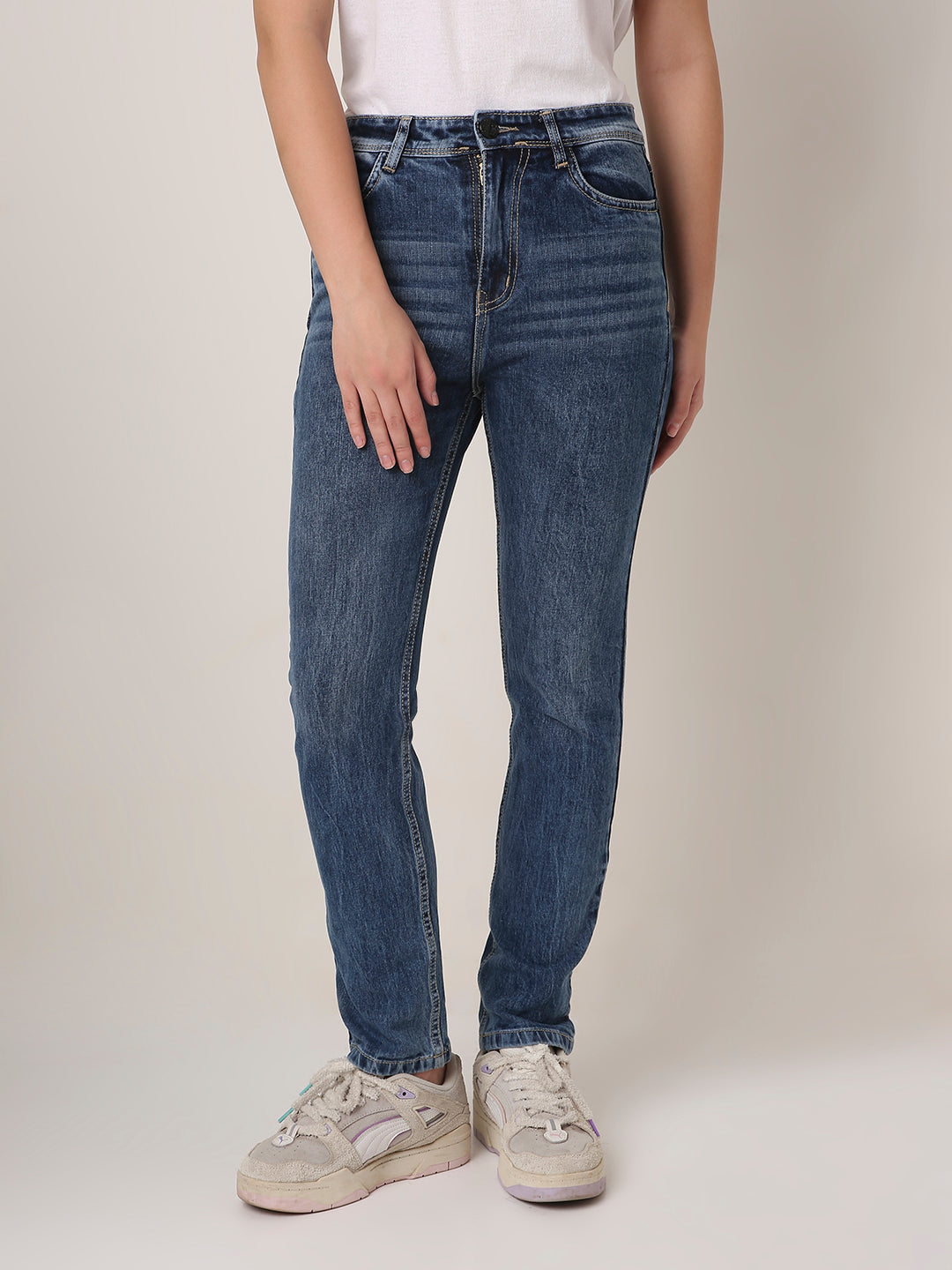 Mid Blue High-Waist Slim-Fit Jeans
