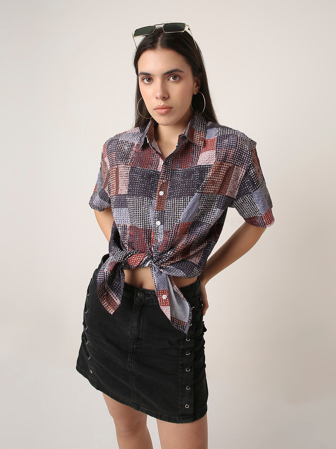 Multicolor Textured Checkered Oversized Shirt