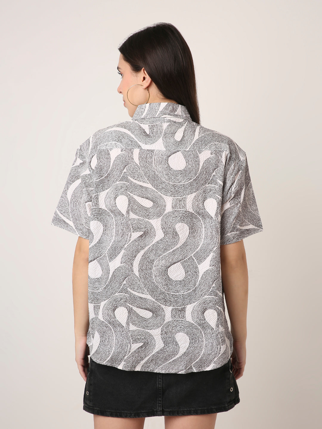 Black & White Abstract Swirl Print Textured Oversized Shirt