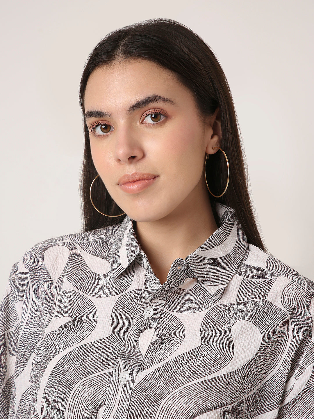 Black & White Abstract Swirl Print Textured Oversized Shirt
