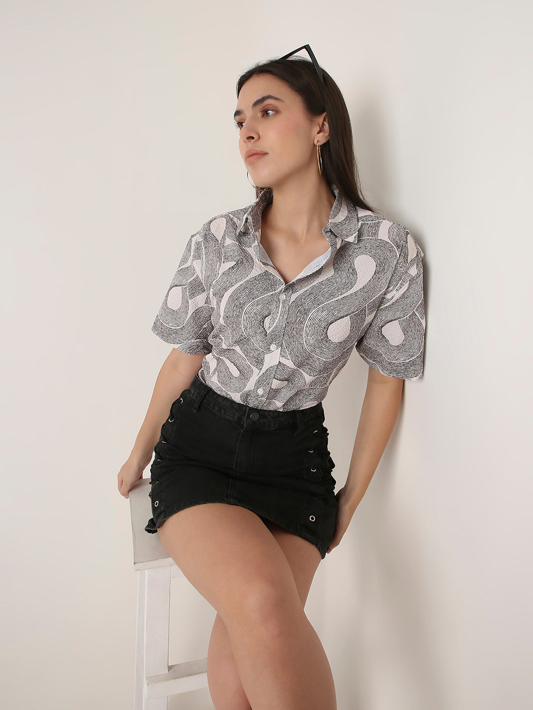 Black & White Abstract Swirl Print Textured Oversized Shirt