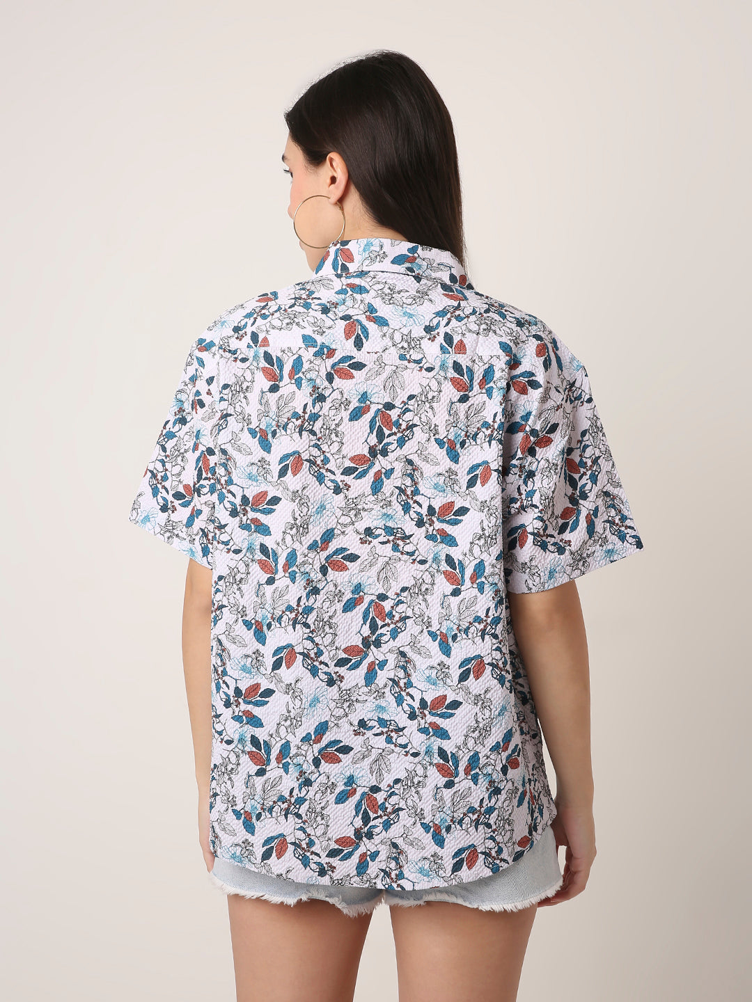 Floral Abstract Print Oversized Textured Shirt