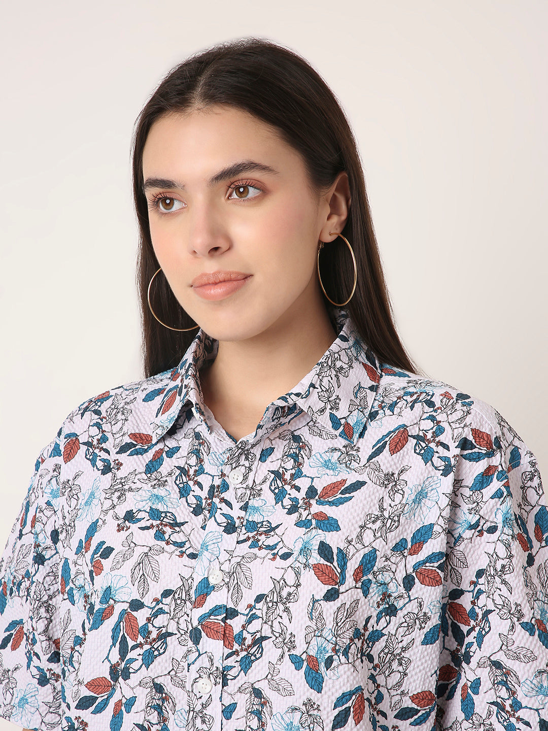Floral Abstract Print Oversized Textured Shirt