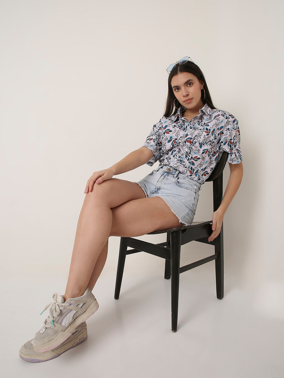 Floral Abstract Print Oversized Textured Shirt