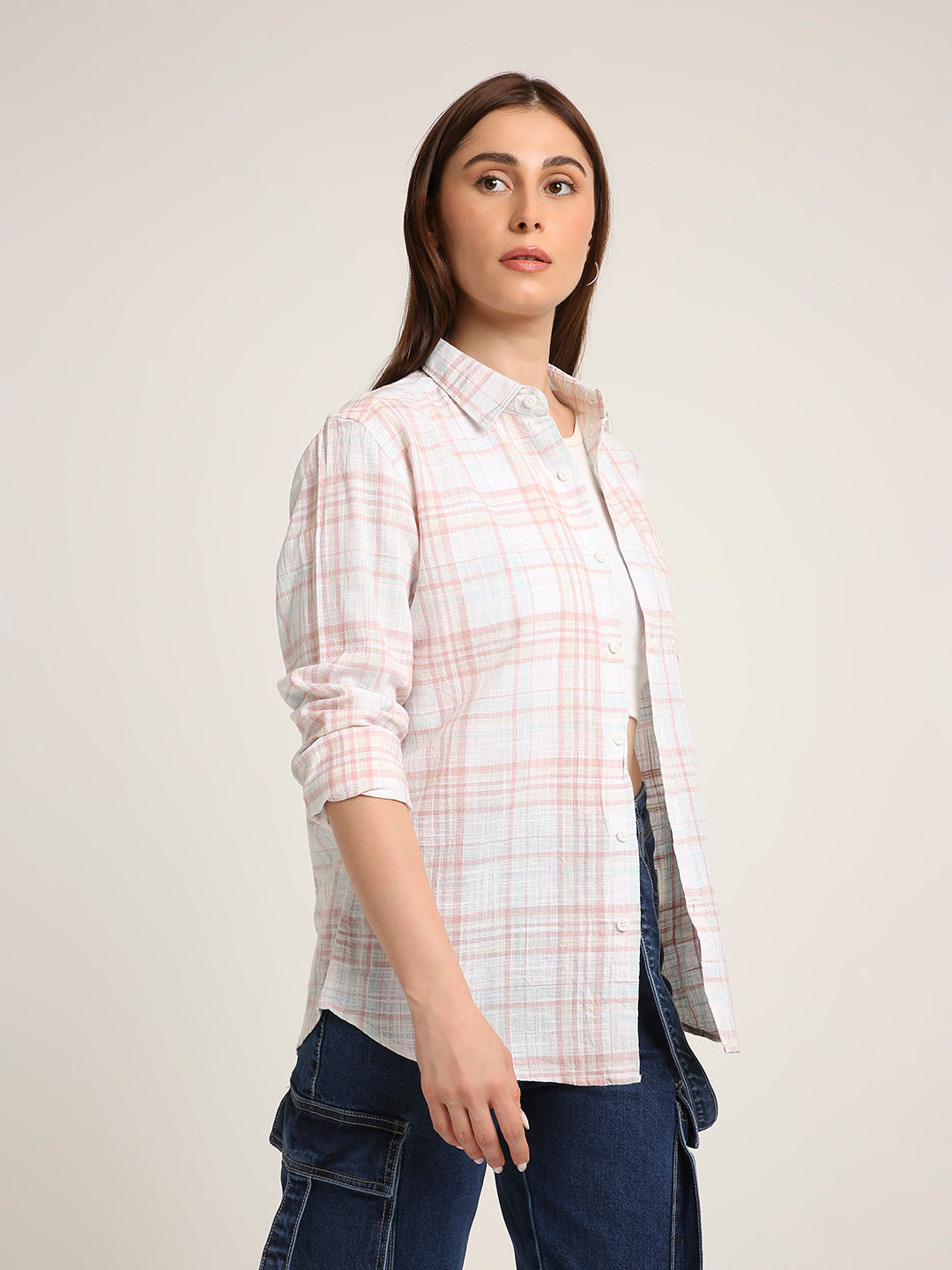 Peach Checked Cotton Relaxed Fit Casual Shirt