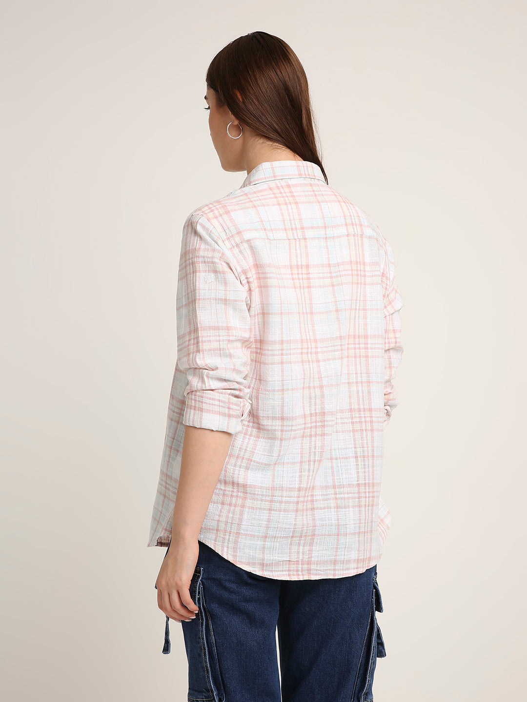 Peach Checked Cotton Relaxed Fit Casual Shirt
