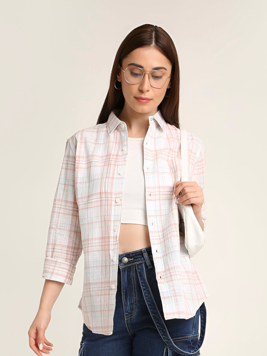 Peach Checked Cotton Relaxed Fit Casual Shirt