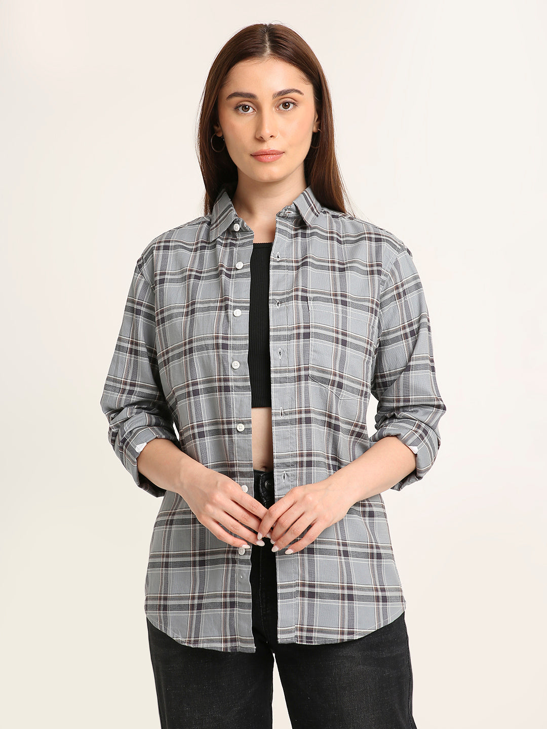 Light Grey Checked Cotton Textured Shirt