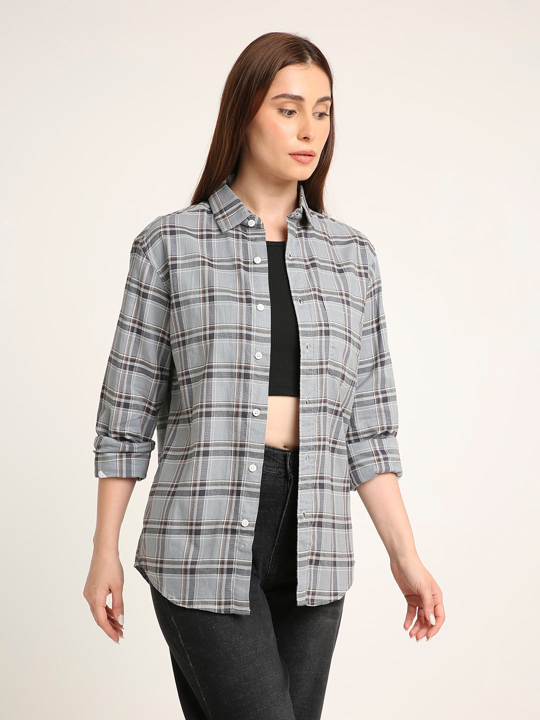 Light Grey Checked Cotton Textured Shirt
