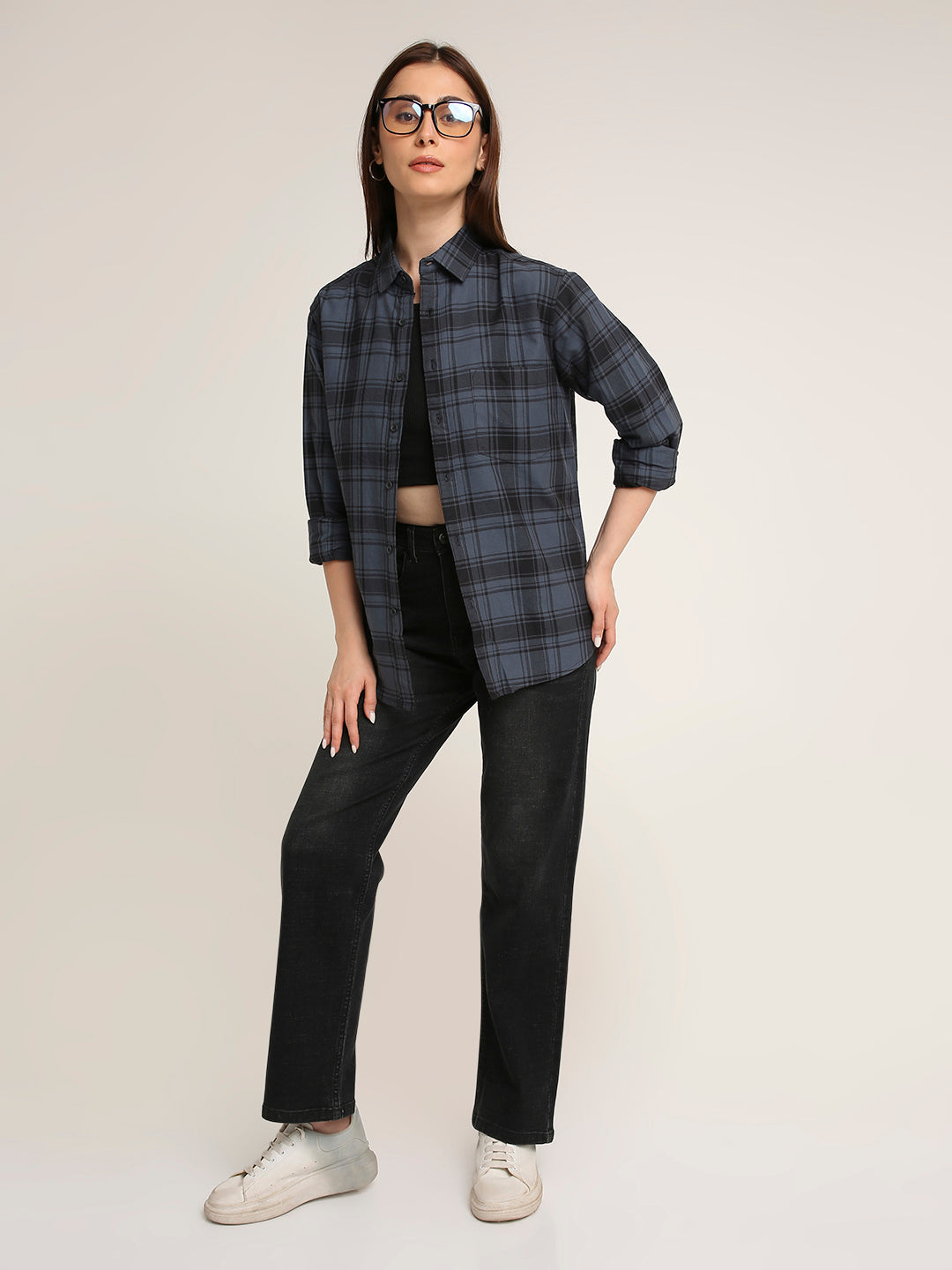 Blue Oxford Checked Oversized Shirt