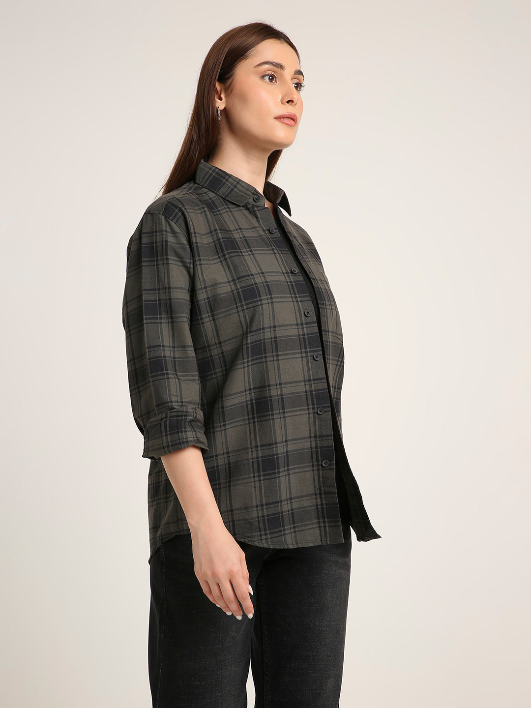 Olive Green Oxford Checked Oversized Shirt