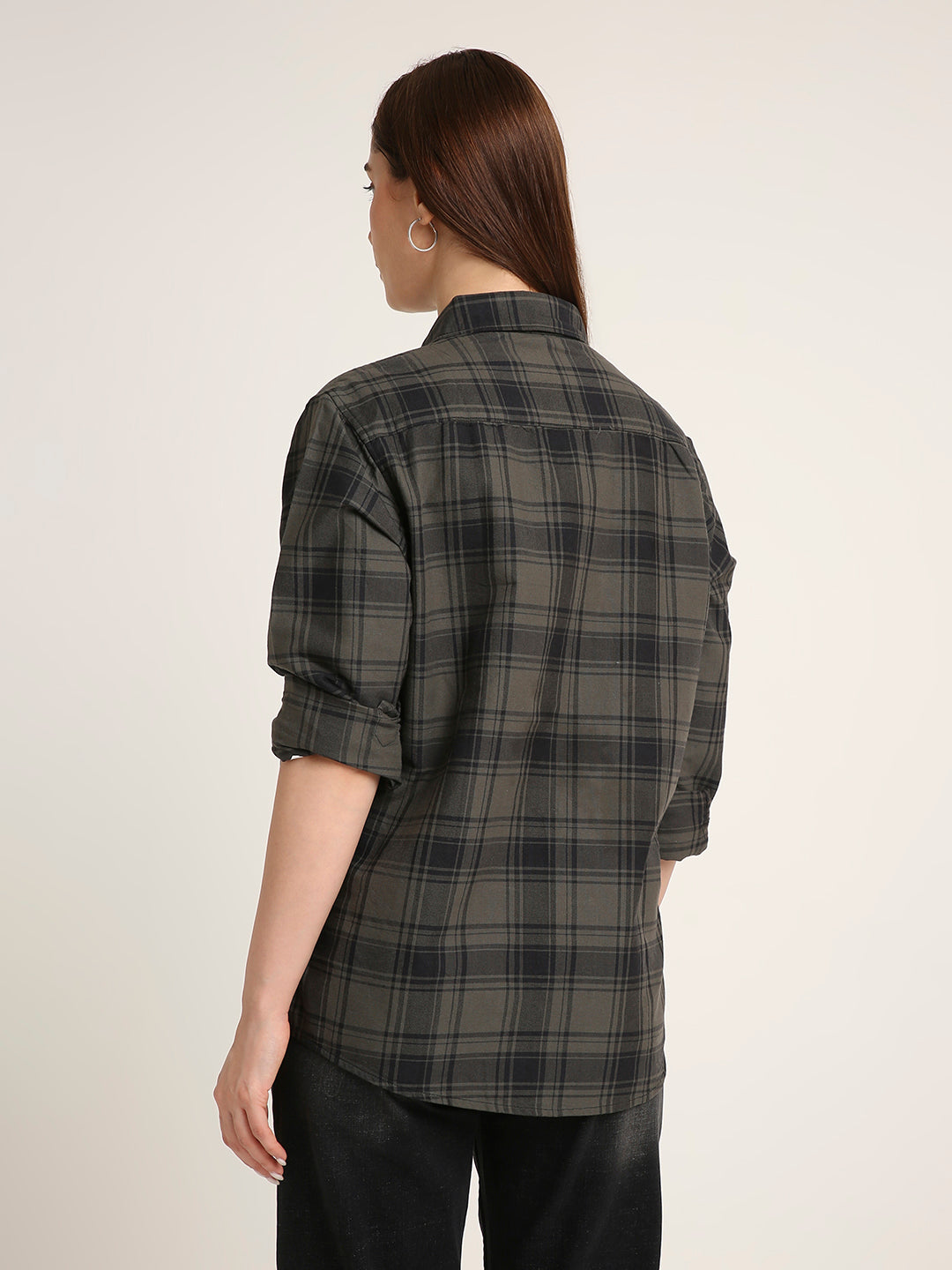 Olive Green Oxford Checked Oversized Shirt