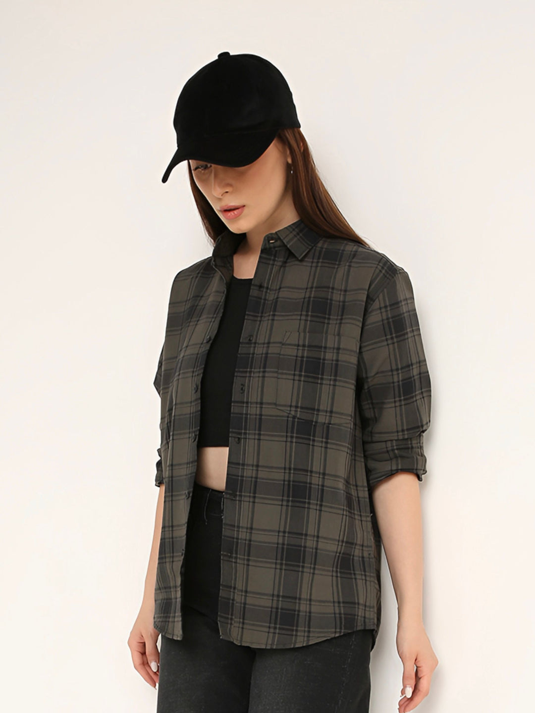Olive Green Oxford Checked Oversized Shirt