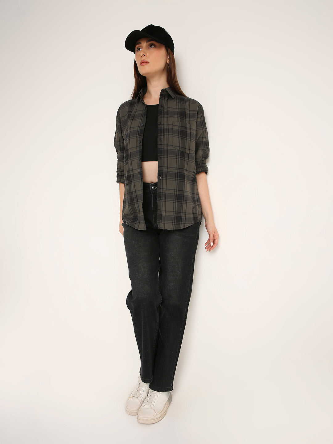 Olive Green Oxford Checked Oversized Shirt