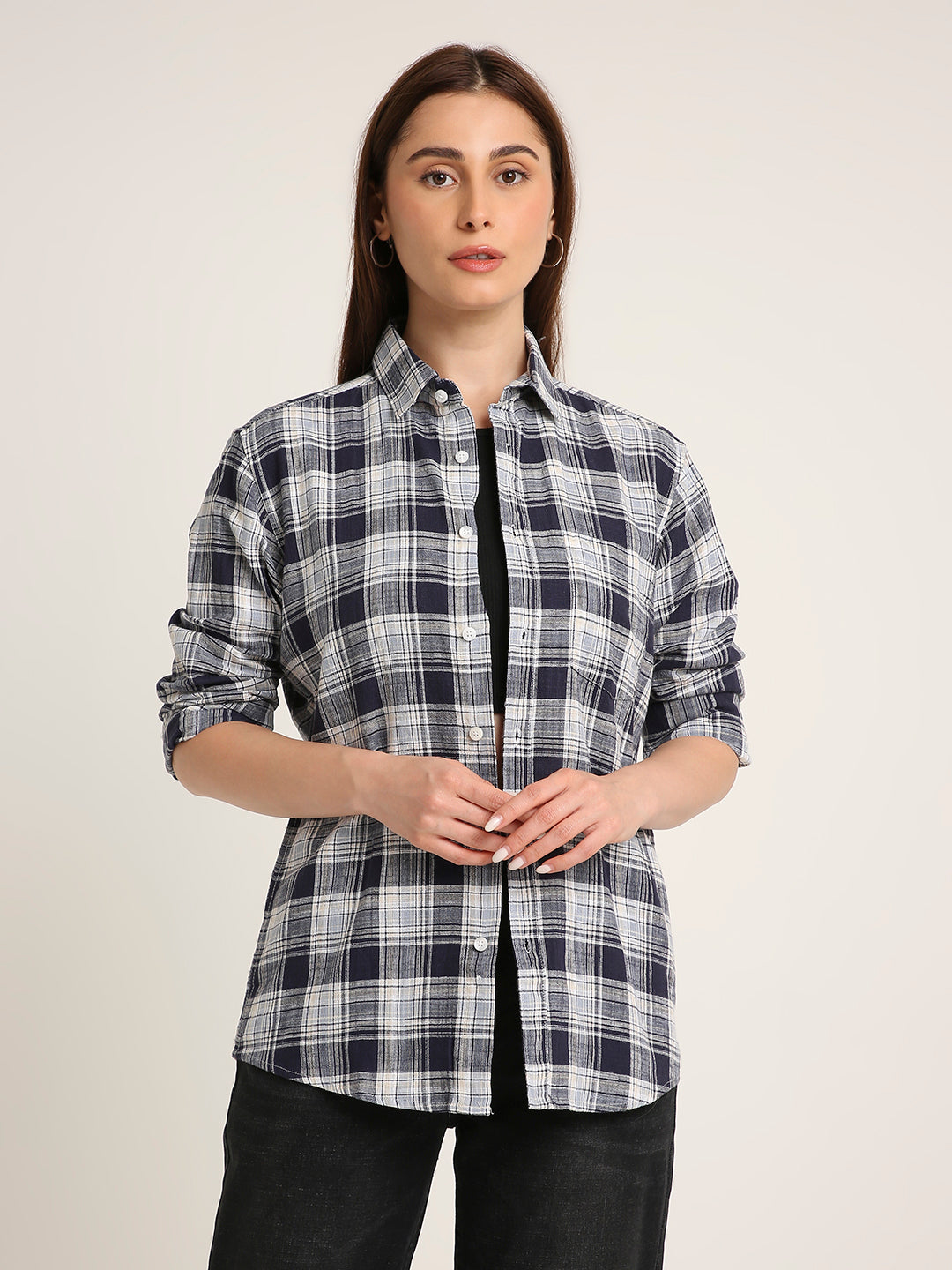 Navy Checked Cotton Casual Shirt