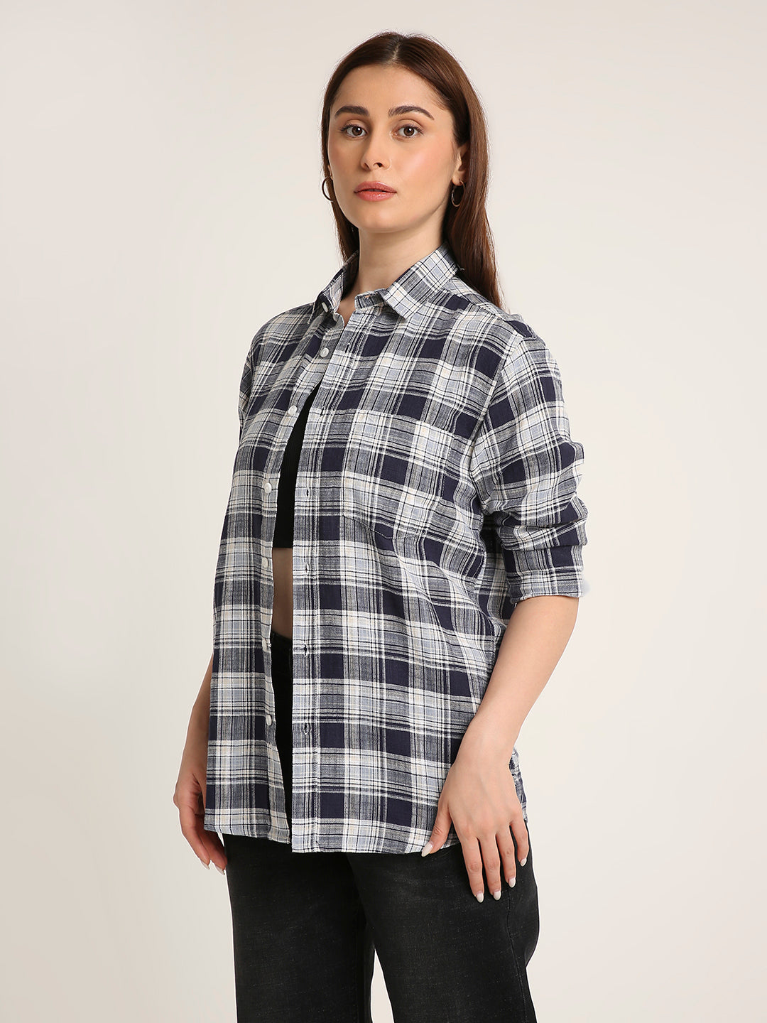 Navy Checked Cotton Casual Shirt