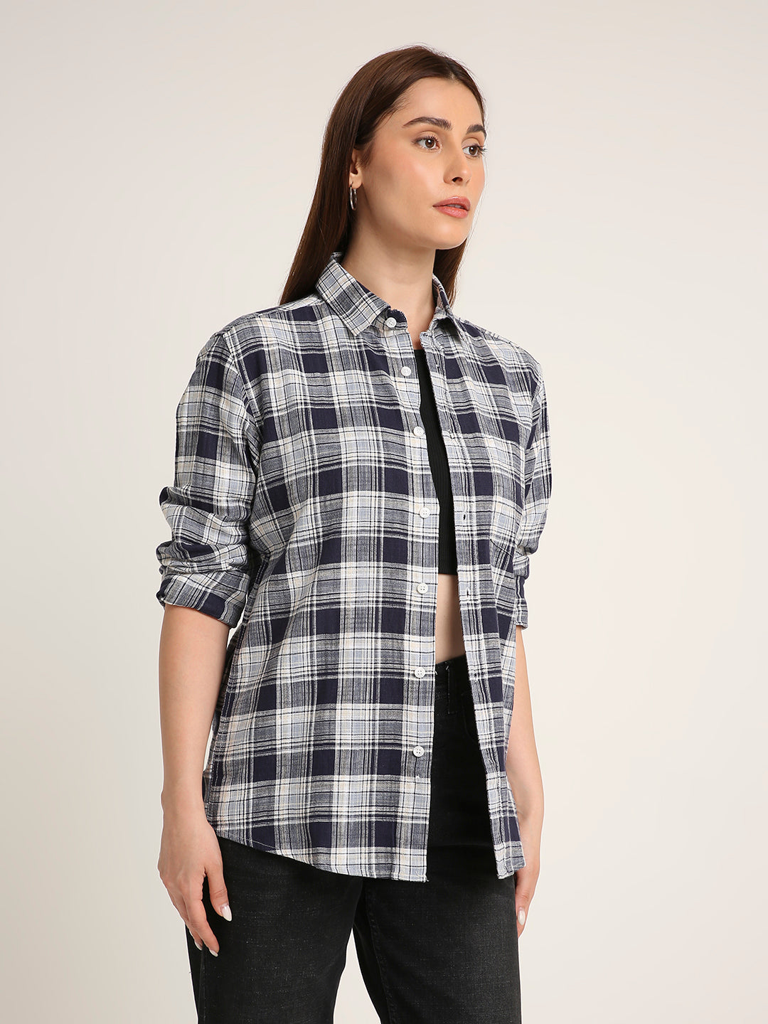 Navy Checked Cotton Casual Shirt
