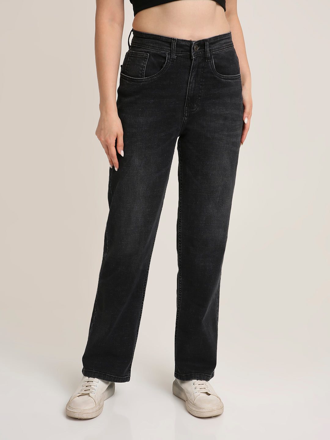 Black Mid-Wash High-Rise Straight Fit Jeans