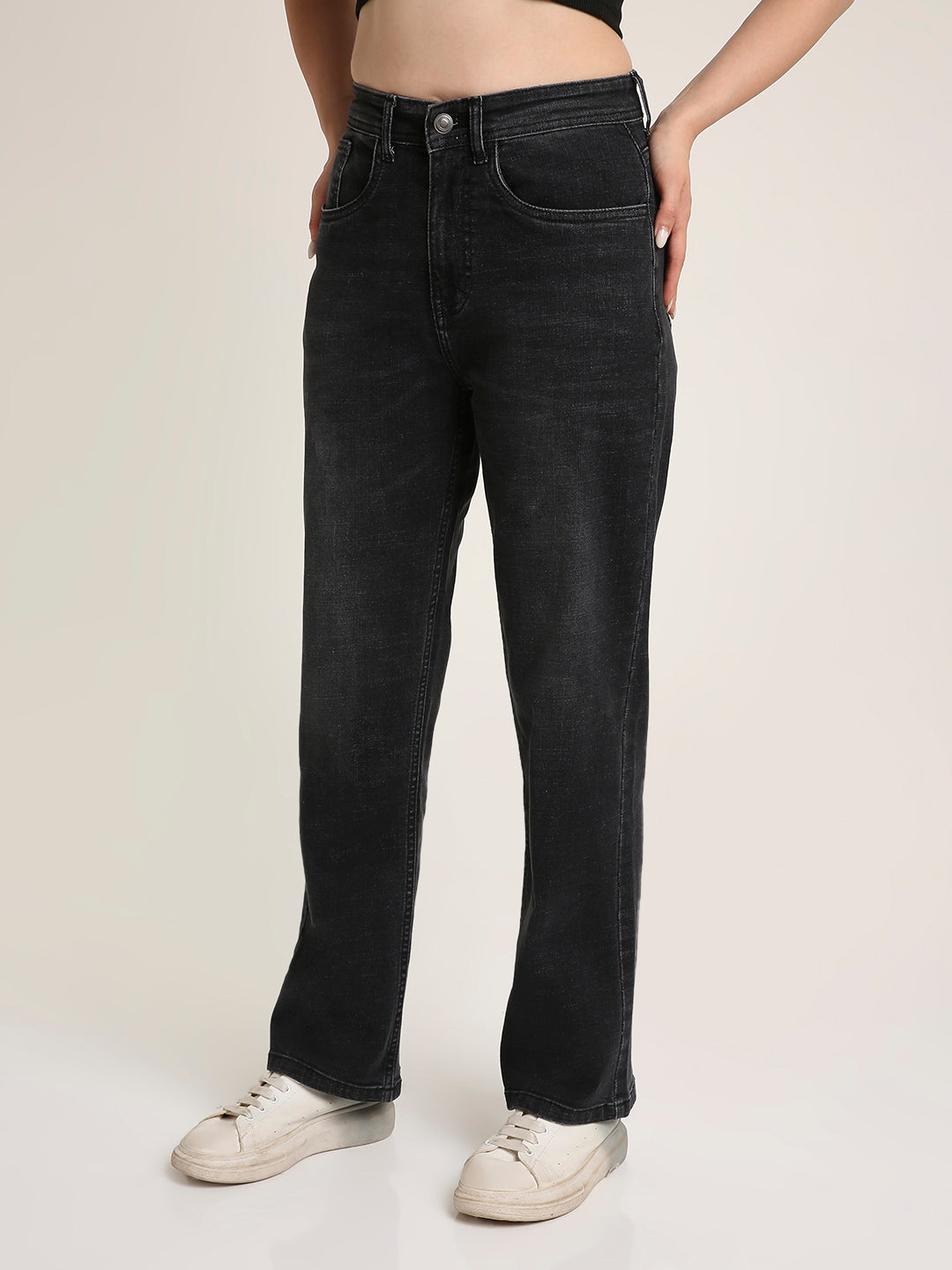 Black Mid-Wash High-Rise Straight Fit Jeans