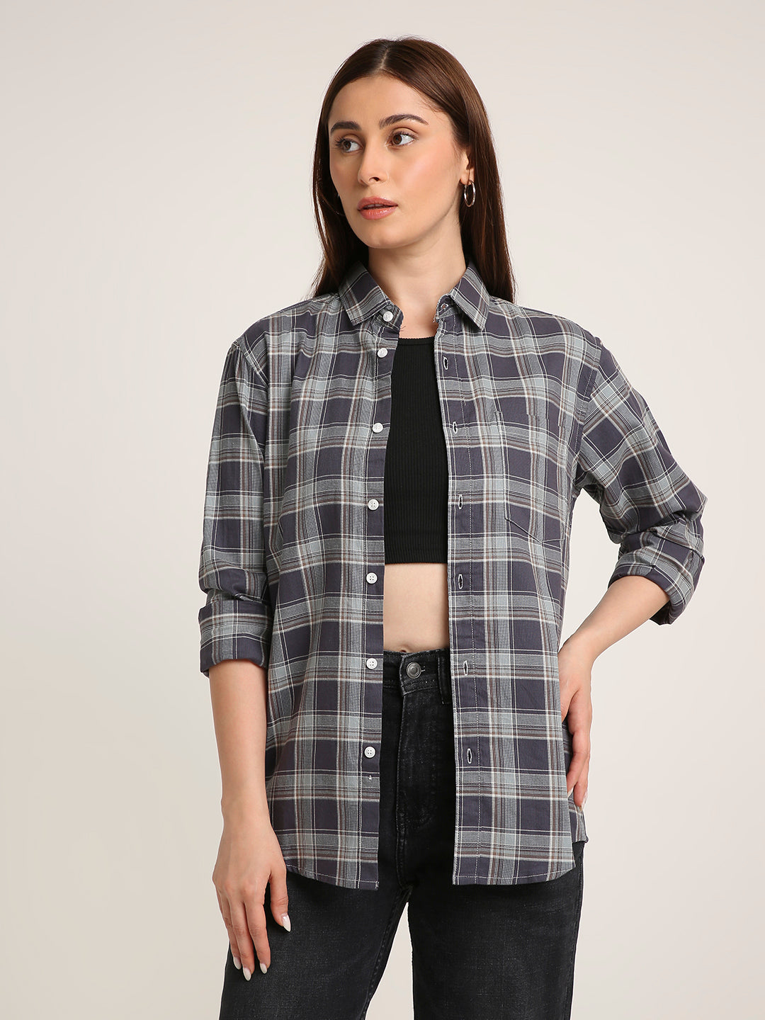Dark Grey Checked Cotton Textured Shirt