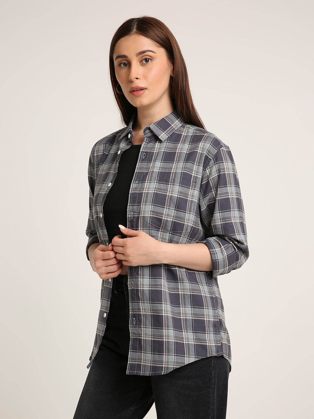 Dark Grey Checked Cotton Textured Shirt