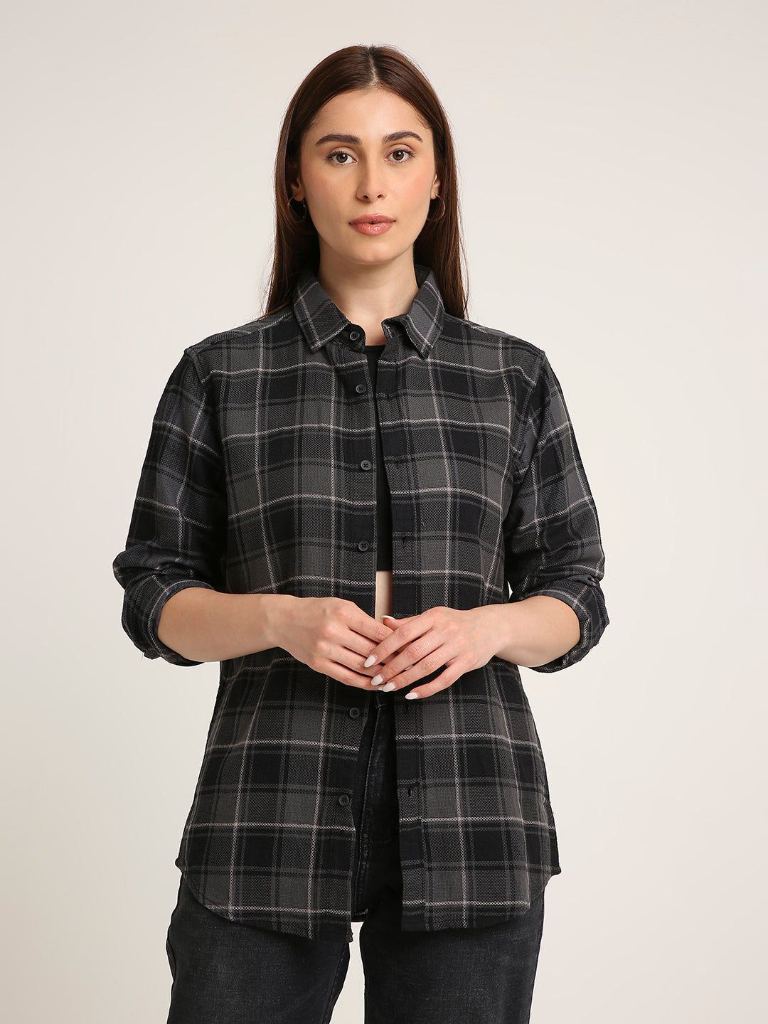 Grey Checked Premium Cotton Structured Shirt