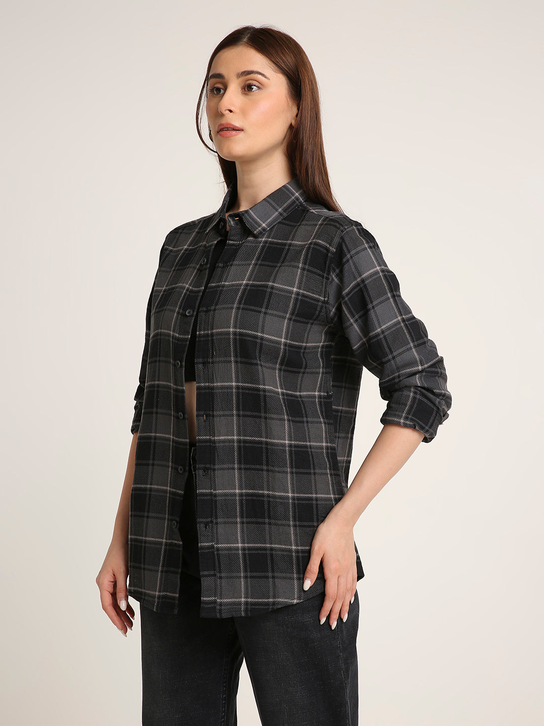 Grey Checked Premium Cotton Structured Shirt