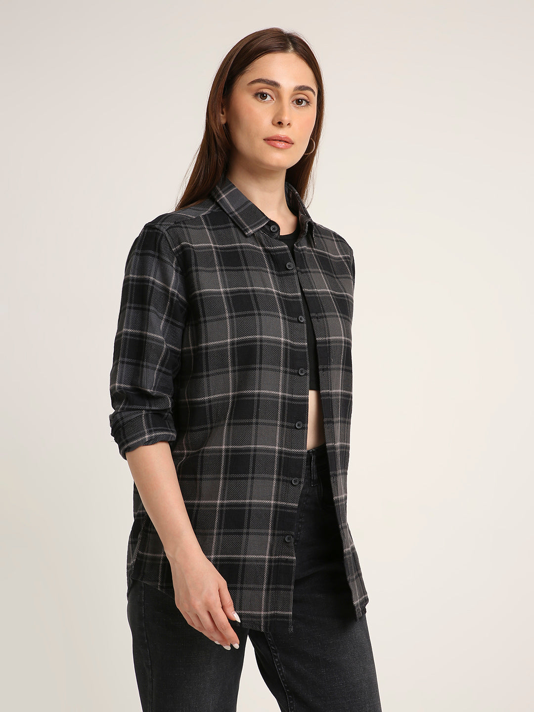 Grey Checked Premium Cotton Structured Shirt