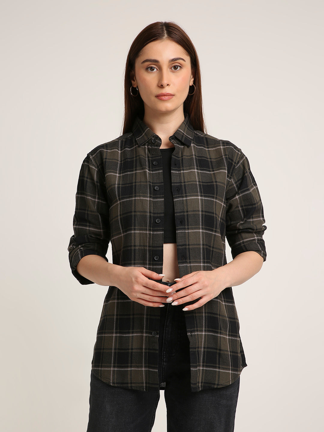 Olive Checked Premium Cotton Structured Shirt