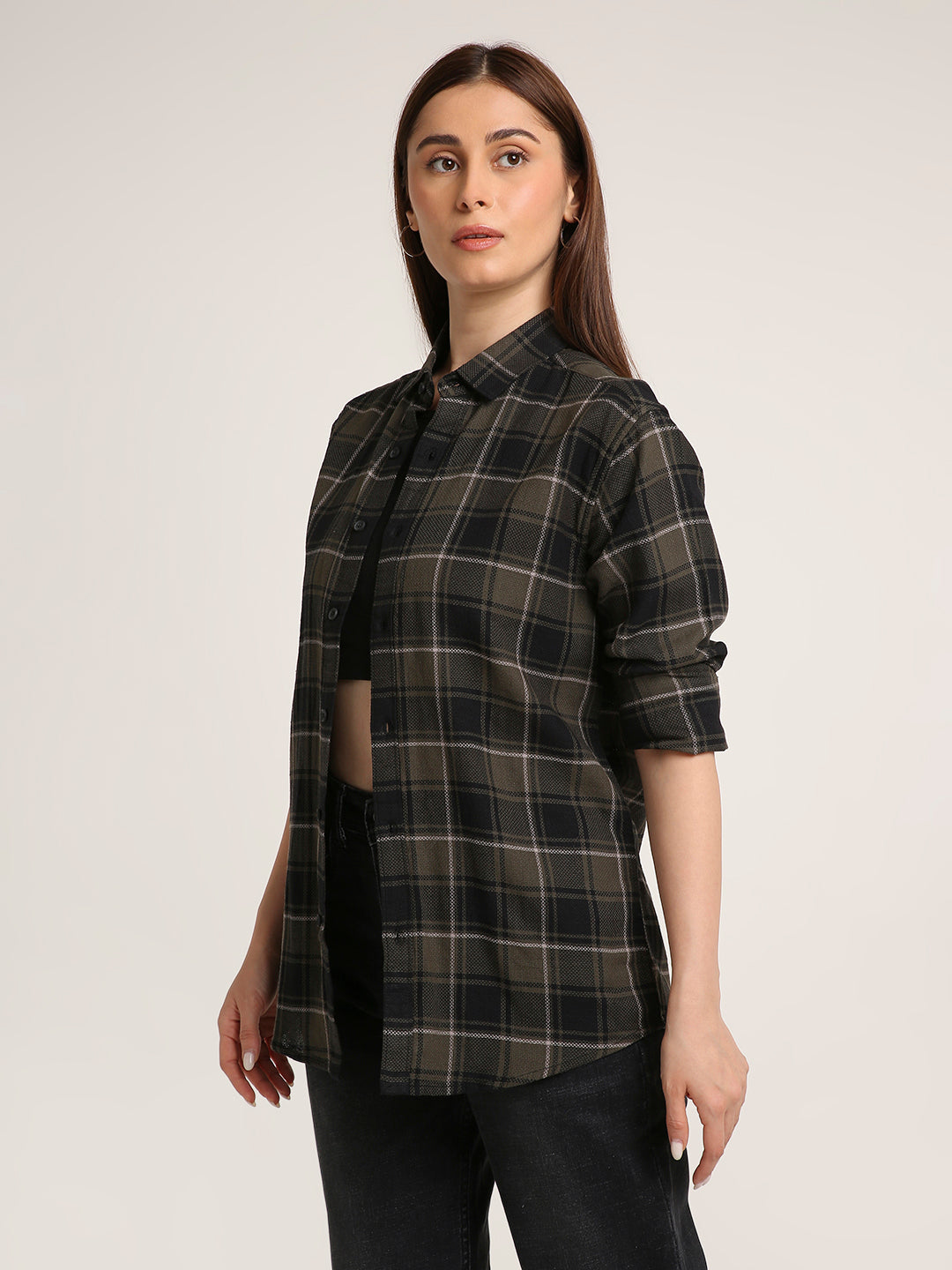 Olive Checked Premium Cotton Structured Shirt