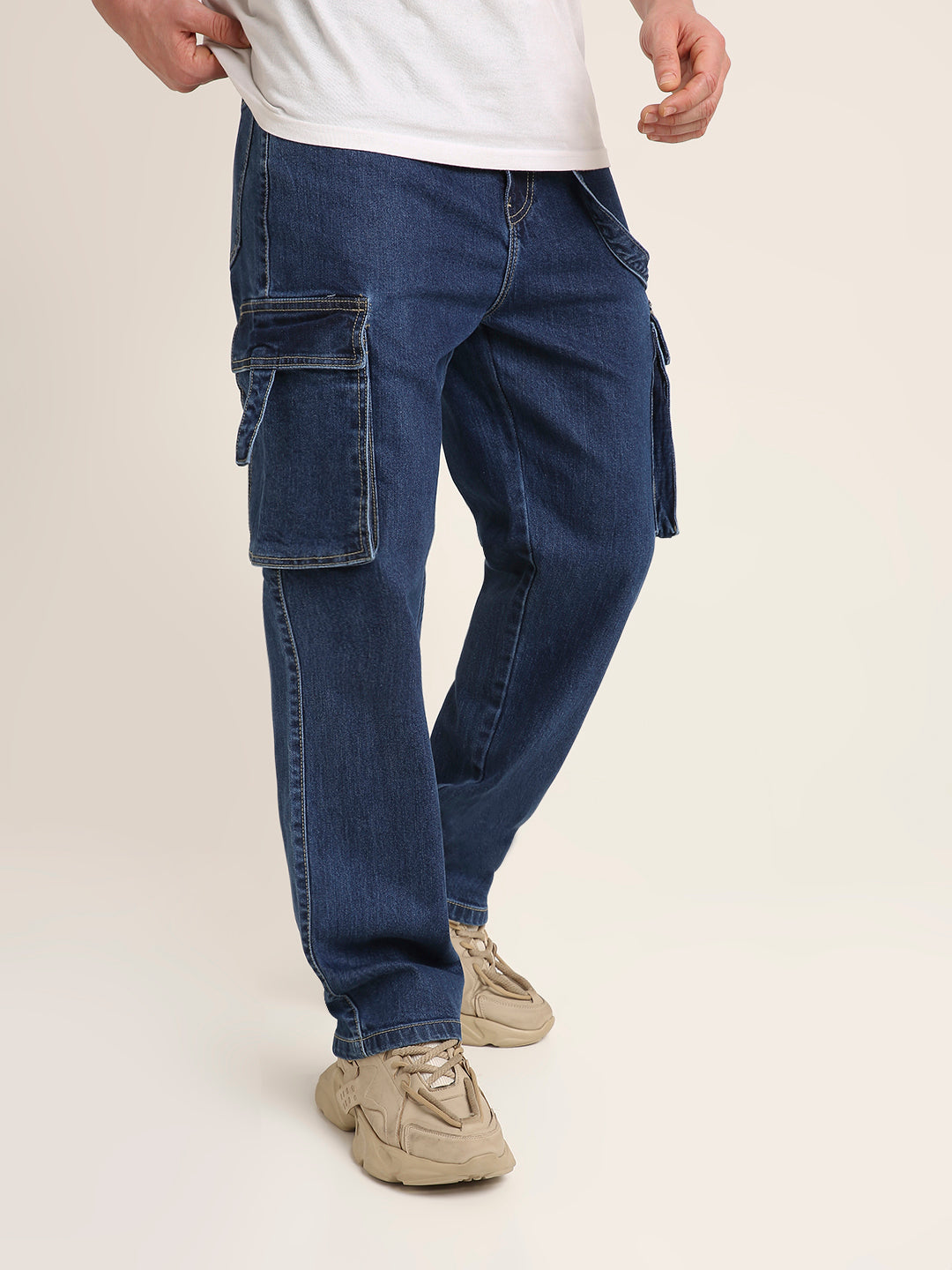 Dark Blue Denim Cargo Jeans with Utility Pockets