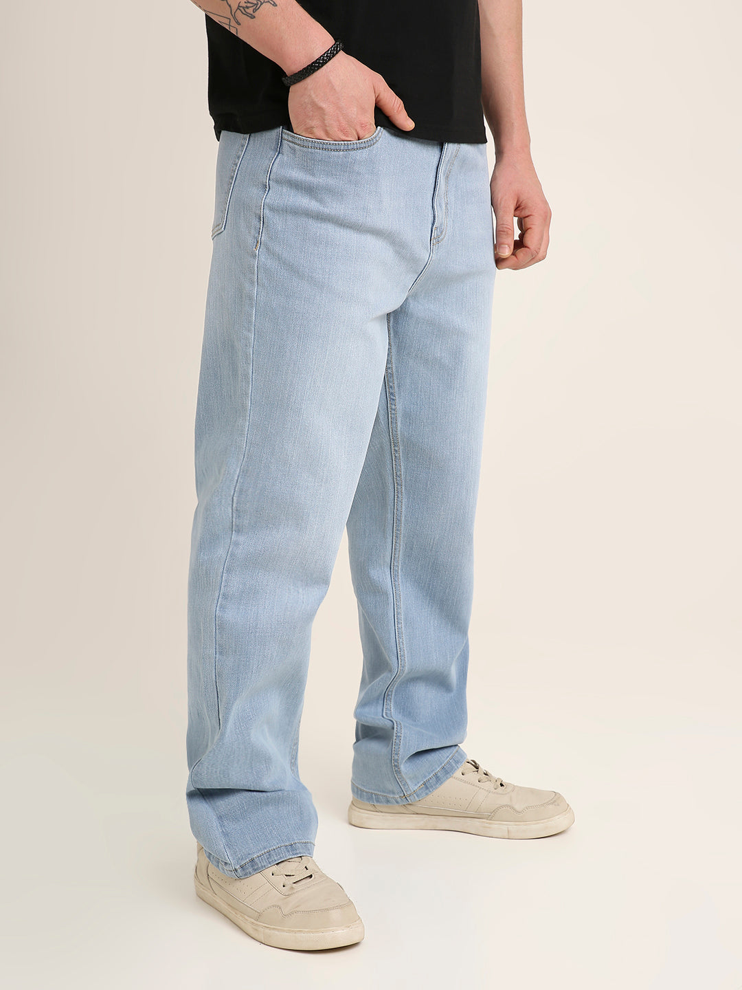 Light Wash Straight Fit Stretch Denim Jeans