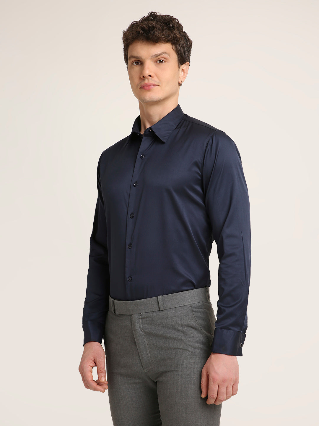 Classic Navy Blue Satin Formal Shirt
