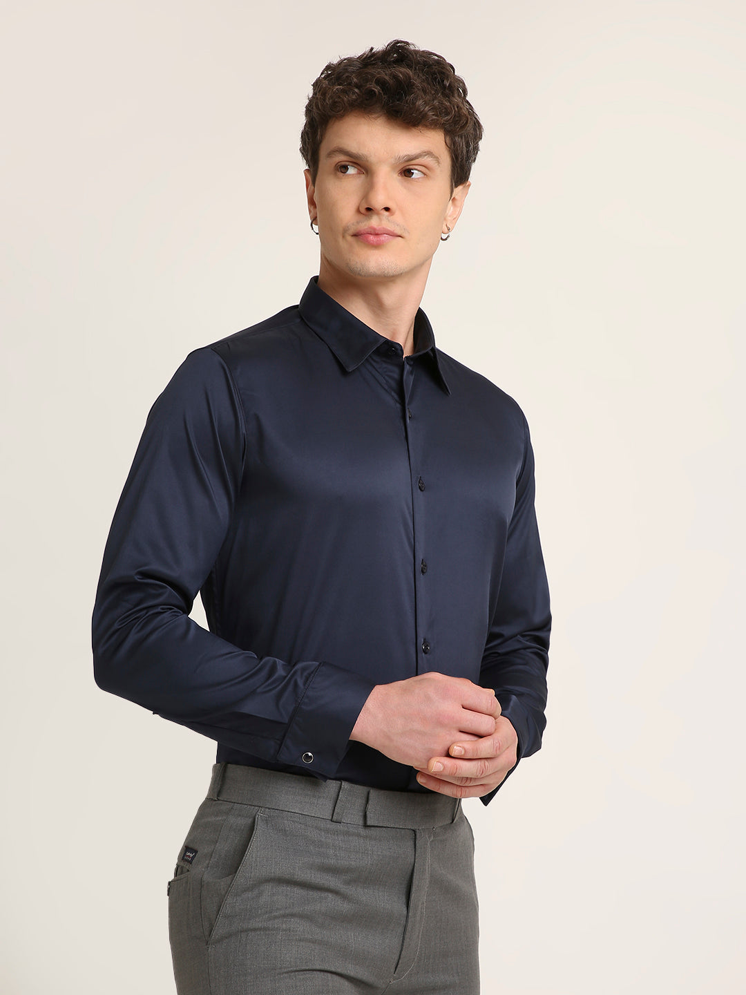 Classic Navy Blue Satin Formal Shirt