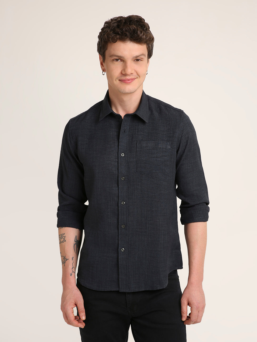 Solid Navy Textured Casual Shirt