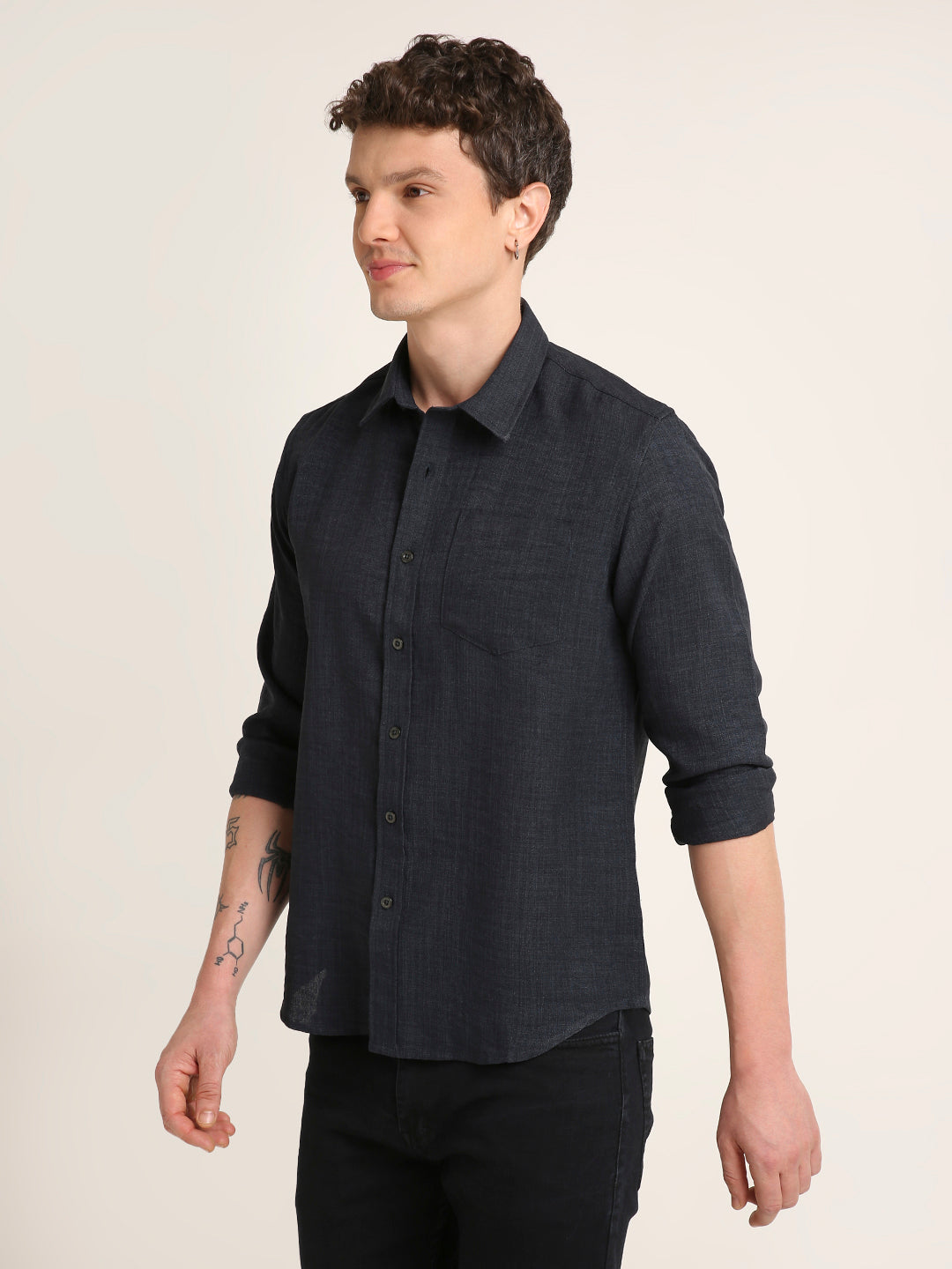 Solid Navy Textured Casual Shirt