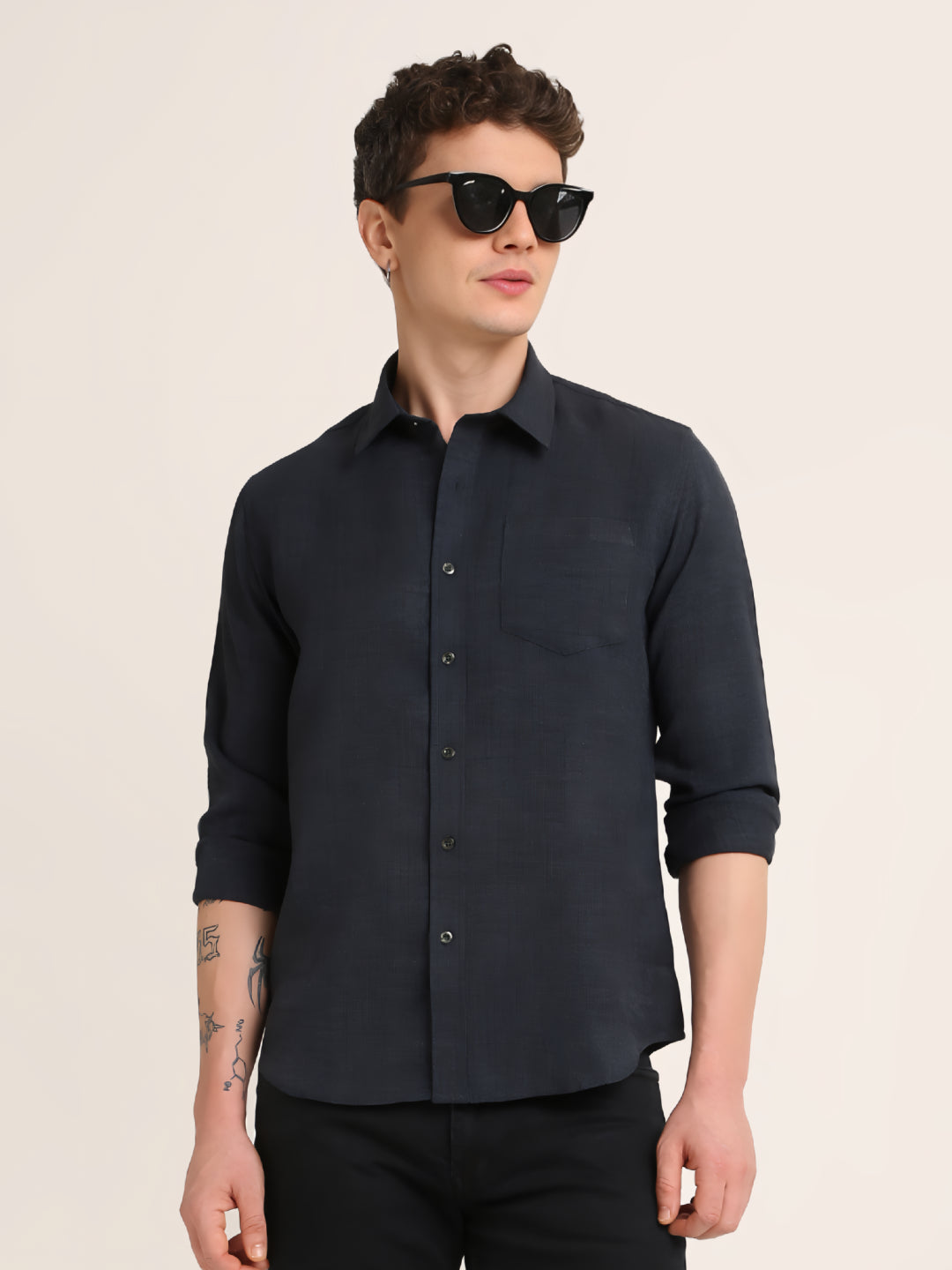 Solid Navy Textured Casual Shirt
