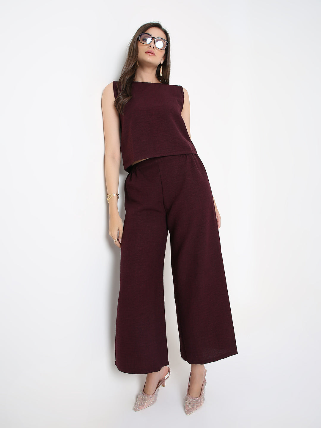 MINIMALIST SLEEVELESS TOP AND  WIDE-LEG PANTS BLUE CO-ORDSET