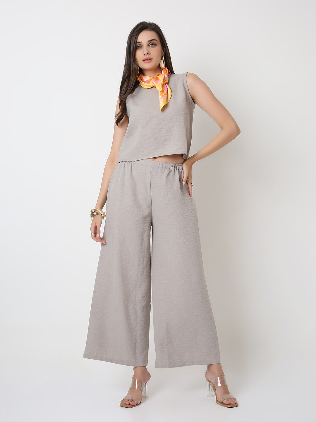 MINIMALIST SLEEVELESS TOP AND  WIDE-LEG PANTS BLUE CO-ORDSET