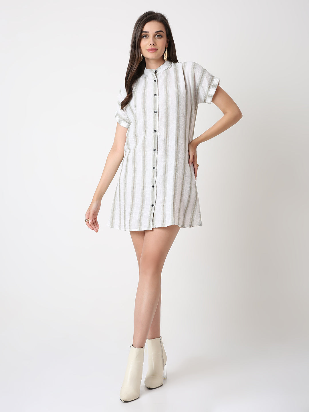 LINEN BLEND STRIP A-LINE SHIRT DRESS