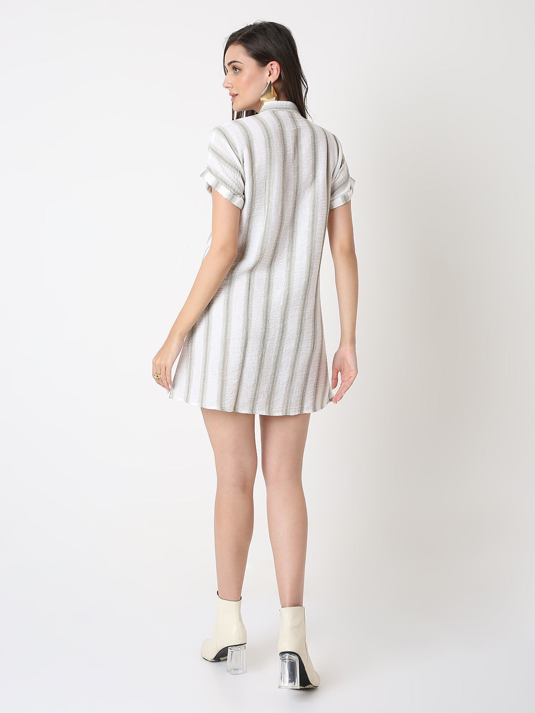 LINEN BLEND STRIP A-LINE SHIRT DRESS