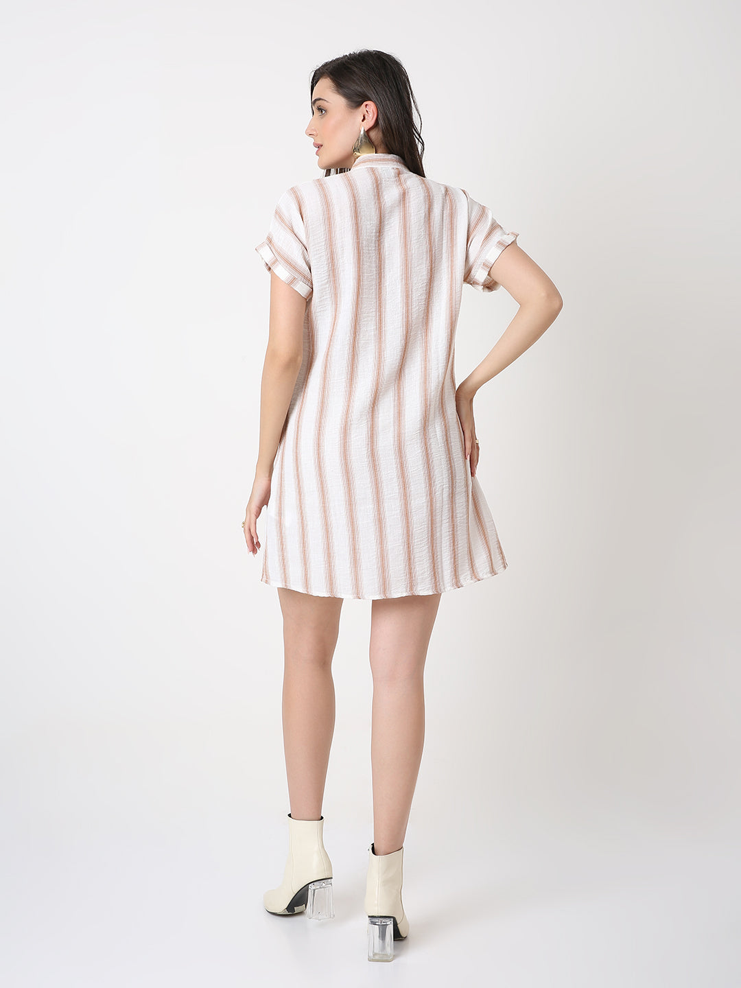 LINEN BLEND STRIP A-LINE SHIRT DRESS