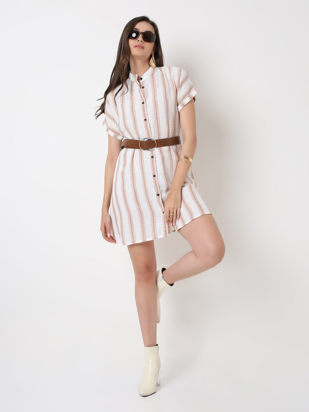 LINEN BLEND STRIP A-LINE SHIRT DRESS