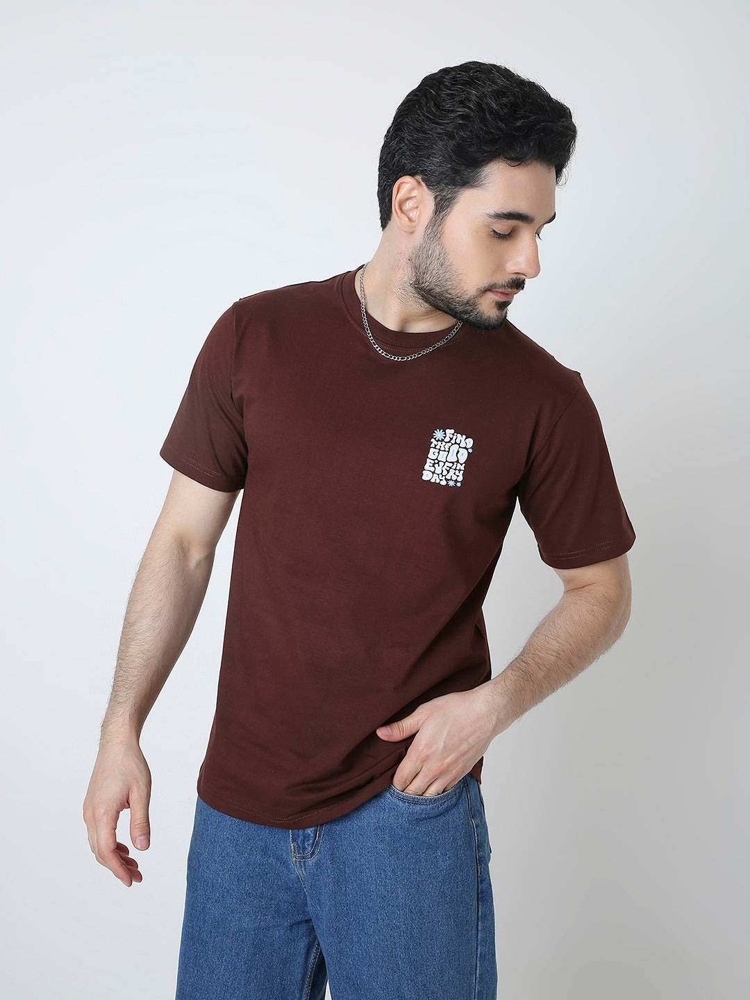 RELAXED FIT BROWN PRINTED T-SHIRT