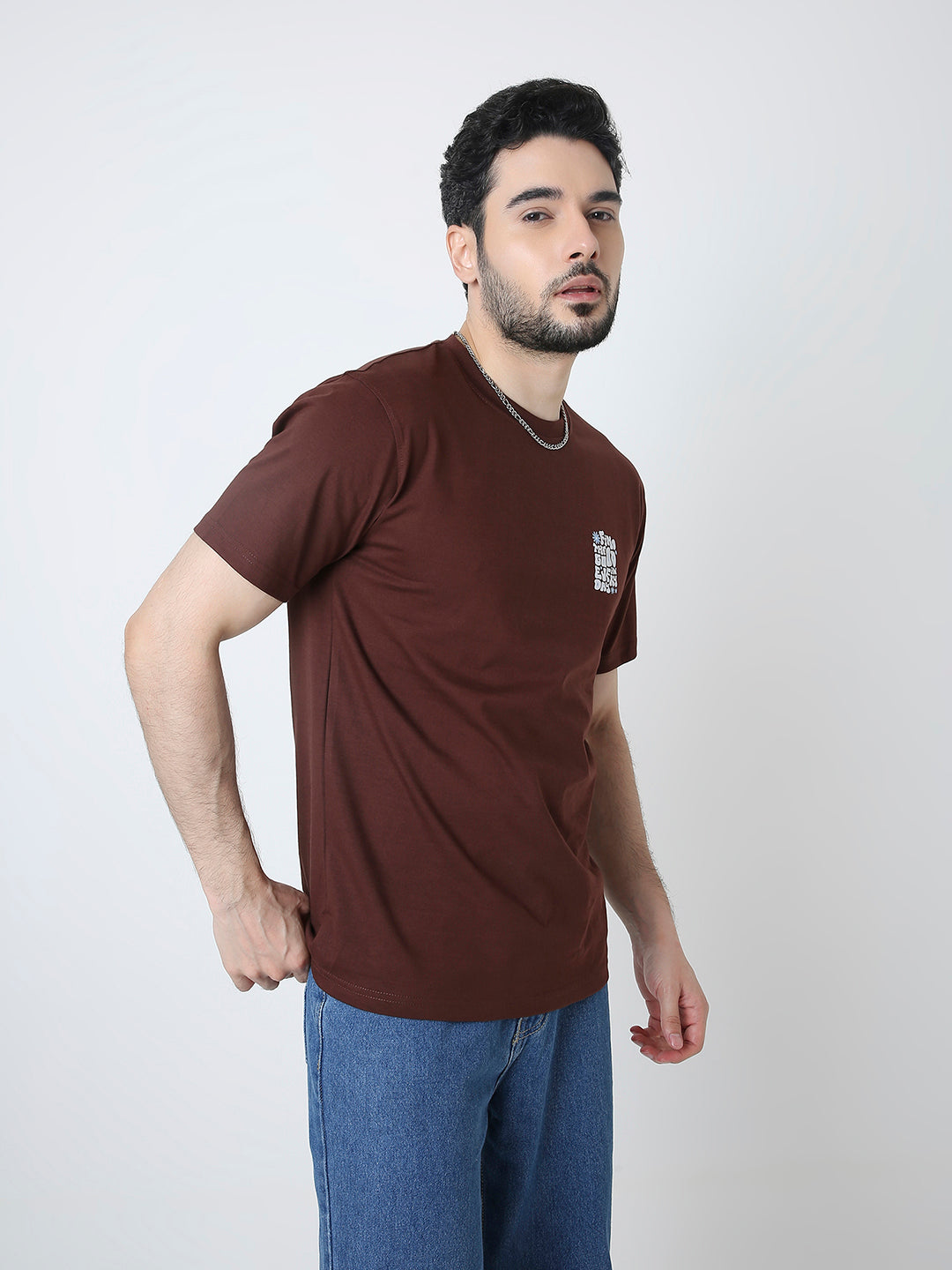 RELAXED FIT BROWN PRINTED T-SHIRT