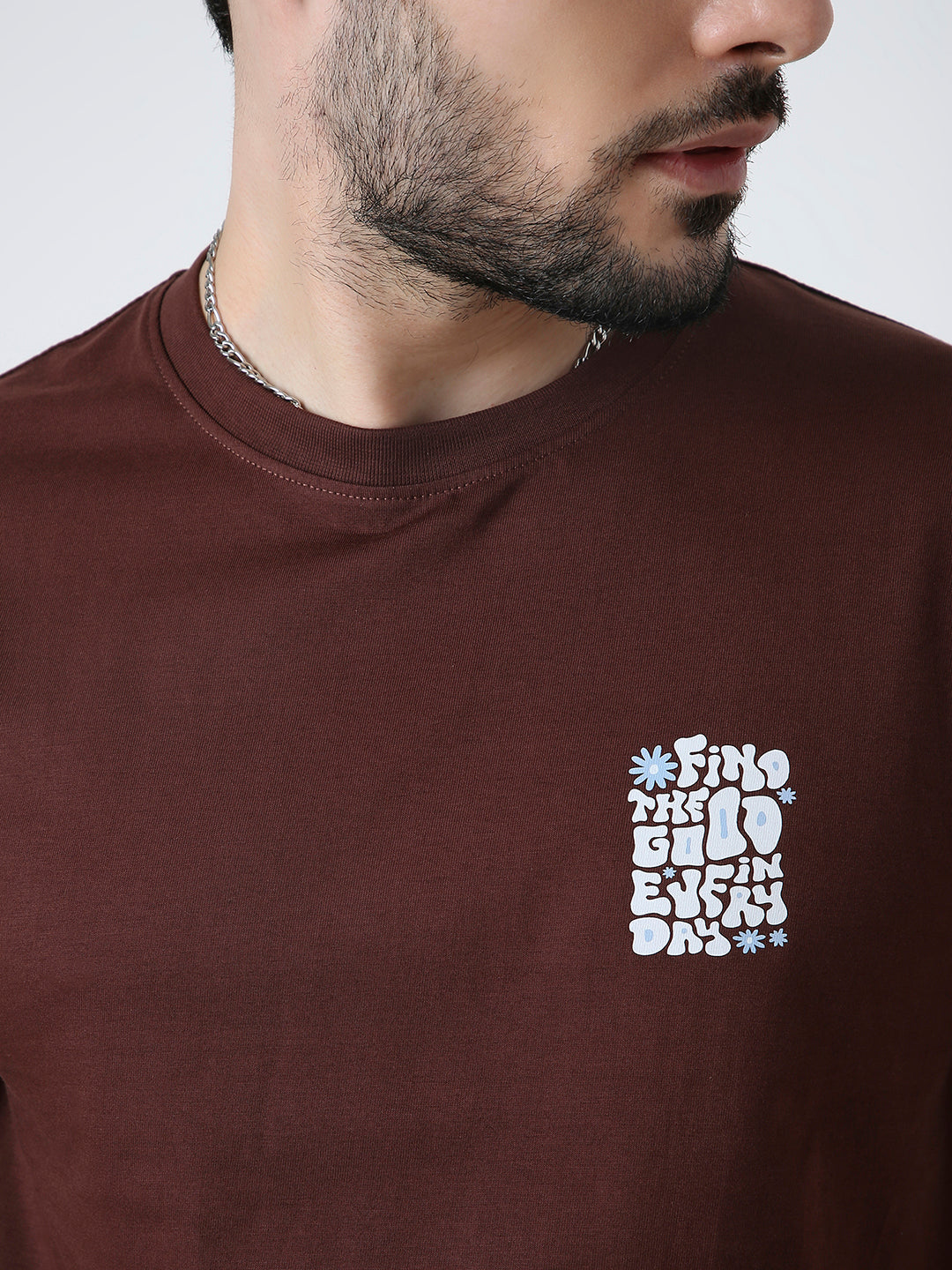 RELAXED FIT BROWN PRINTED T-SHIRT