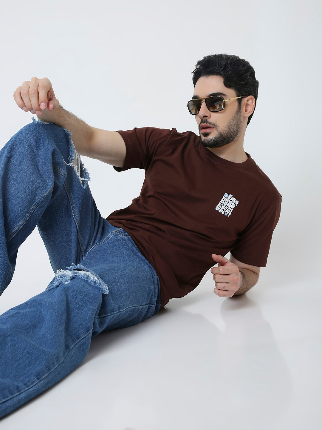 RELAXED FIT BROWN PRINTED T-SHIRT